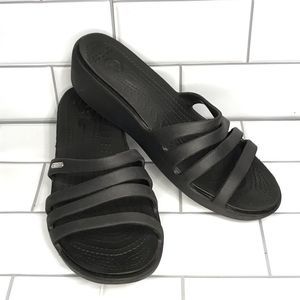 CROCS RHONDA Size 10W Black Strappy Wedge Slip On Sandals; Preloved